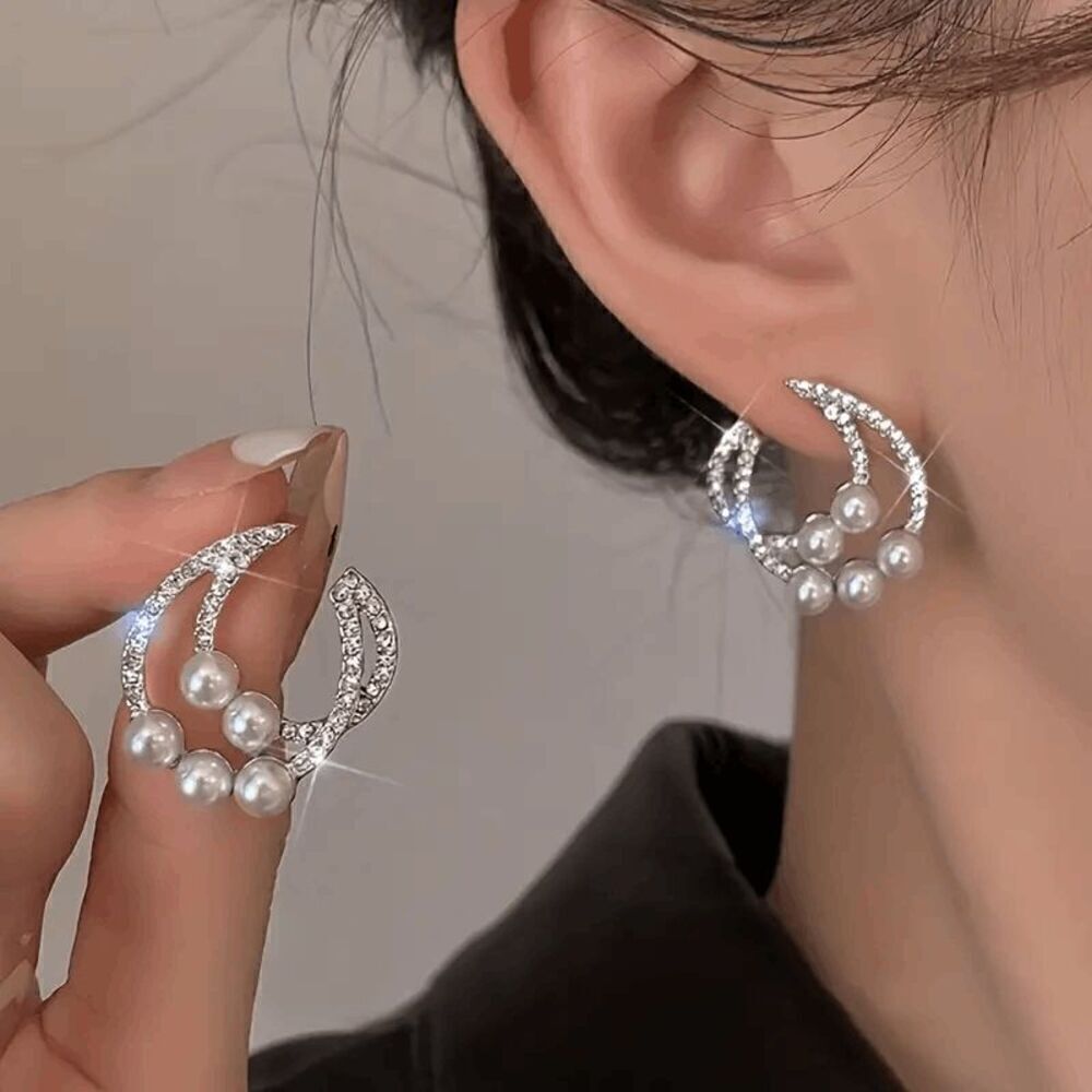 Pearl Diamond Crescent Moon Stud Earrings